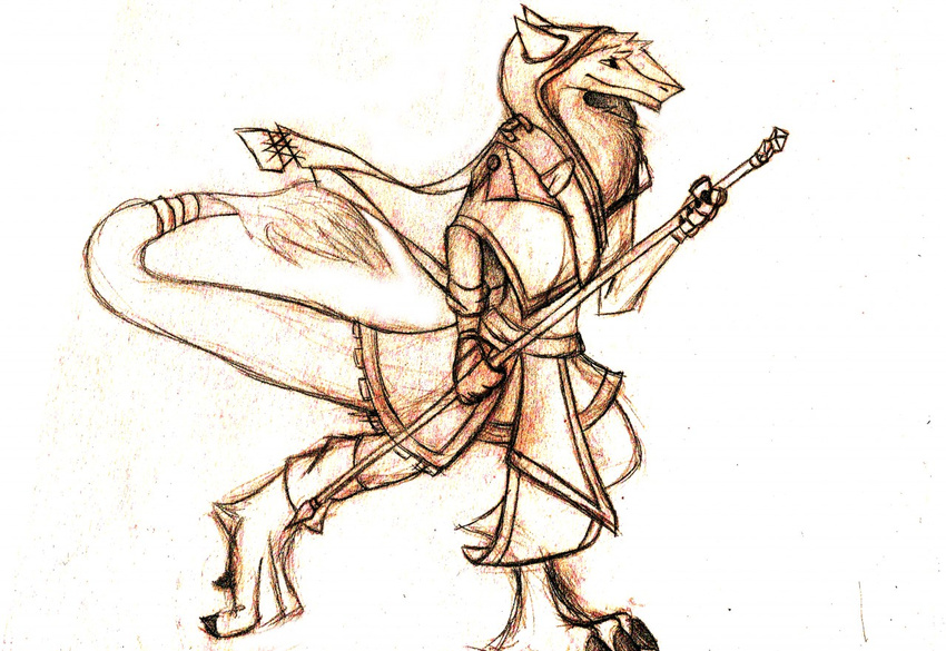 2016 4_toes 5_fingers ambiguous_gender ankle_tuft anthro biped claws clothed clothing digitigrade full-length_portrait holding_object holding_weapon long_tail looking_aside monochrome paws pencil_(artwork) portrait robe schizy sergal simple_background smile solo standing tail_tuft three-quarter_view toe_claws toes traditional_media_(artwork) tuft vilous_universe walking weapon white_background