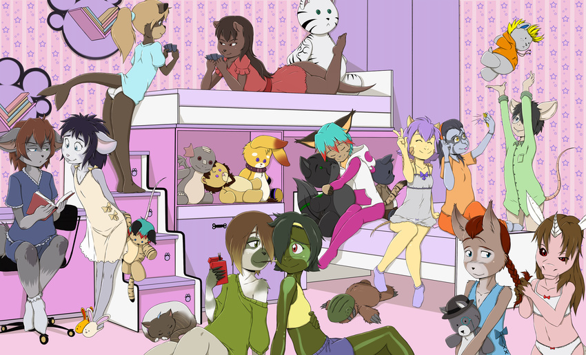 amphibian anthro brown_fur ceylon_(stitchy626) charvale clothed clothing feline female fin frog fur group jenny_(ajdurai) mammal mouse mustelid otter pandora_(charvale) risingdragon rodent slumber_party tail_fin tamina tiger young
