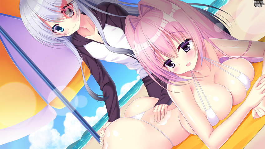 2girls ass bare_arms bare_shoulders bikini blue_hair blue_sky breasts character_request closed_mouth cloud collarbone copyright_name dutch_angle eyebrows_visible_through_hair female hair_between_eyes kerberos_blade large_breasts long_hair long_sleeves lying micro_bikini midriff multiple_girls ocean on_stomach open_mouth outdoors pink_hair sky sunscreen swimsuit umbrella water yuyumatsu