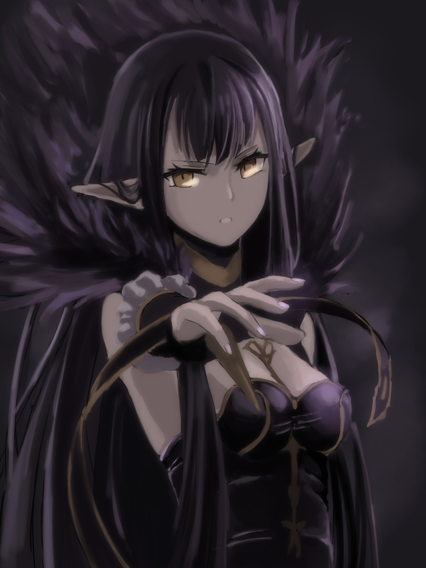 absurdres black_dress black_hair breasts bridal_gauntlets cleavage dress elbow_gloves fate/apocrypha fate_(series) gloves highres long_hair looking_at_viewer medium_breasts mukade_(siieregannsu) pointy_ears semiramis_(fate) solo very_long_hair yellow_eyes