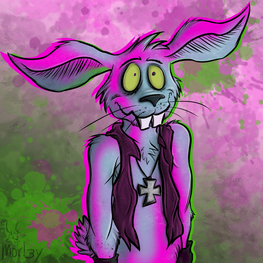 2017 anthro biker buckteeth chest_tuft clothed clothing digital_drawing_(artwork) digital_media_(artwork) fritz_the_cat fritz_the_cat_(character) front_view fur grin hi_res jewelry lagomorph looking_away male mammal morl3y multicolored_fur necklace portrait pose psychedelic rabbit signature smile solo solo_focus standing teeth tuft vest