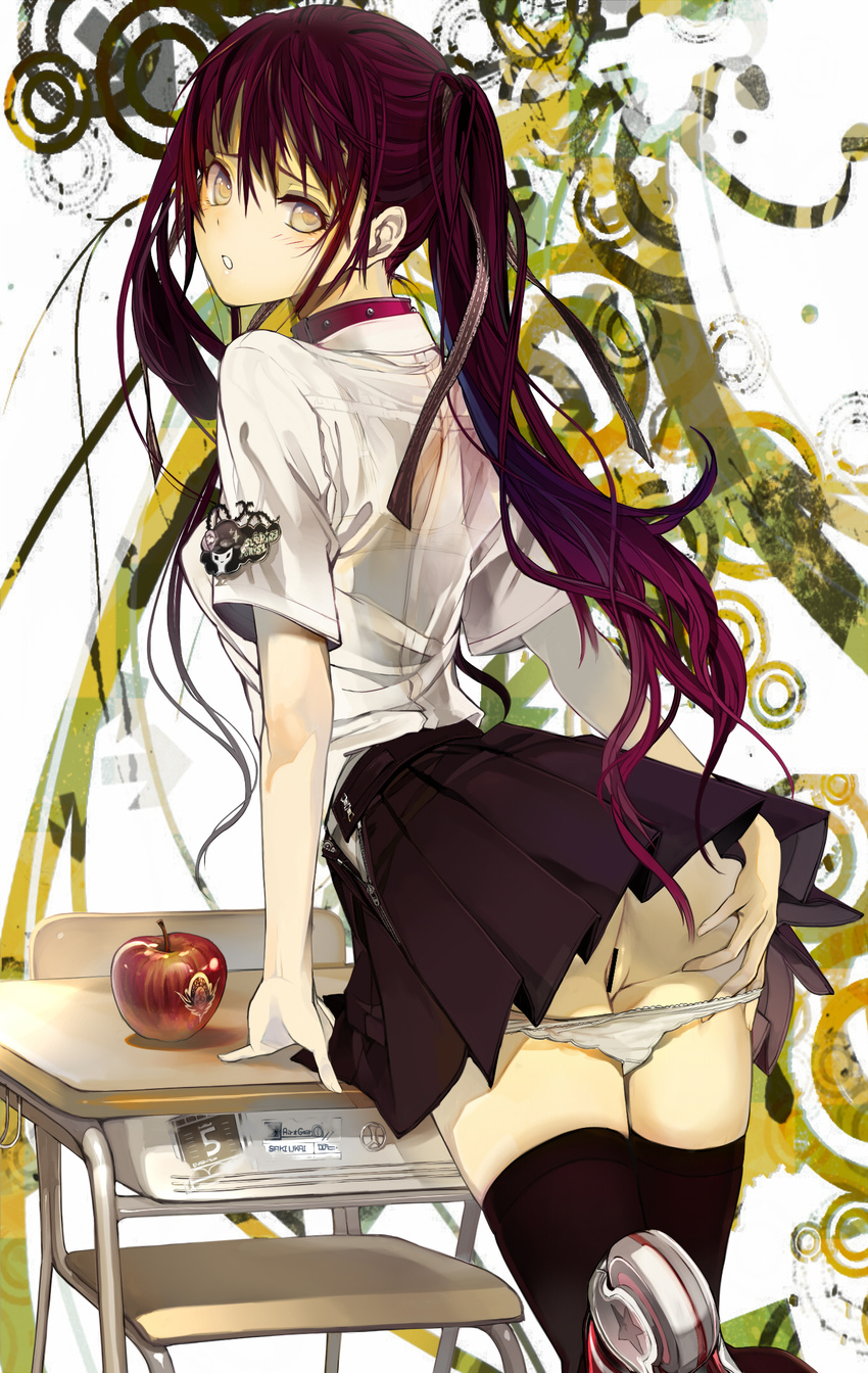 air_gear apple ass bra brown_eyes censored collar commentary_request desk food fruit highres looking_back noyamano_ringo panties panty_pull purple_hair pussy revision school_uniform see-through skirt solo thighhighs ukai_saki underwear white_panties