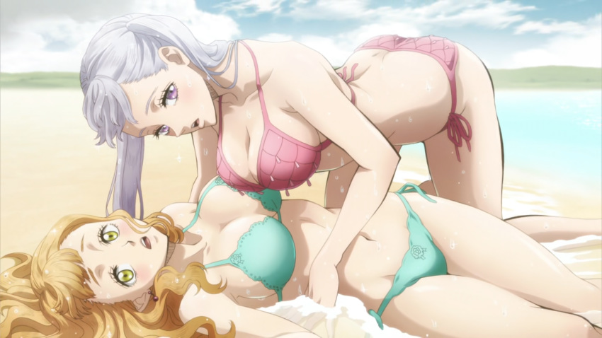 2girls all_fours beach bikini black_clover blonde_hair blush breasts cleavage ear_piercing green_swimsuit hanging_breasts highres large_breasts lavender_eyes long_hair looking_at_viewer lying mimosa_vermilion multiple_girls navel noelle_silva on_back open_mouth piercing pink_swimsuit pointy_nose screencap shadow side-tie_bikini silver_hair sky studio_pierrot swimsuit twintails water wet yellow_eyes