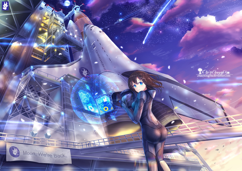 aircraft airplane blue_eyes bodysuit brown_hair chinchongcha cloud falling_star fighter_jet headwear_removed helmet helmet_removed highres holding holding_helmet holographic_monitor jet launch_pad launch_tower looking_at_viewer military military_vehicle original outdoors rocket short_hair sky solo space_craft space_shuttle star_(sky) starry_sky sunset wind