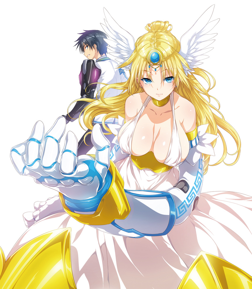 1girl bare_shoulders blonde_hair blue_eyes breasts choker circlet cleavage clenched_teeth closed_mouth collarbone commentary_request cover cover_page cowboy_shot dress earrings foreshortening head_wings hida_kizuna highres hisasi jewelry large_breasts long_hair looking_at_another looking_at_viewer masou_gakuen_hxh mechanical_arm novel_cover novel_illustration short_hair teeth thanatos_(masou_gakuen_hxh) white_dress