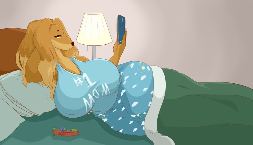 2017 anthro bed bedding big_breasts biped black_nose blanket blue_bottomwear blue_clothing blue_topwear book bowl breasts brown_fur brown_hair canine clothed clothing digital_media_(artwork) dog dog_treat dogmom english_text female fur hair hi_res holding_book holding_object lamp lendinval long_hair lying mammal mature_female multicolored_fur multicolored_hair on_bed on_side pajamas pillow reading saluki snout solo tan_fur tan_hair text two_tone_fur two_tone_hair voluptuous wide_hips yellow_eyes