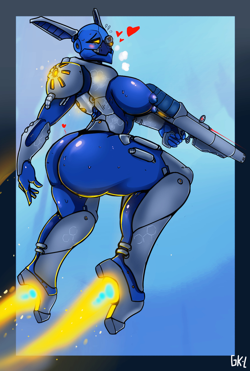 &lt;3 anthro areola bionicle blush breasts butt female gali gk733 gun lego machine nipples not_furry ranged_weapon robot side_boob solo sweat toa weapon yellow_eyes