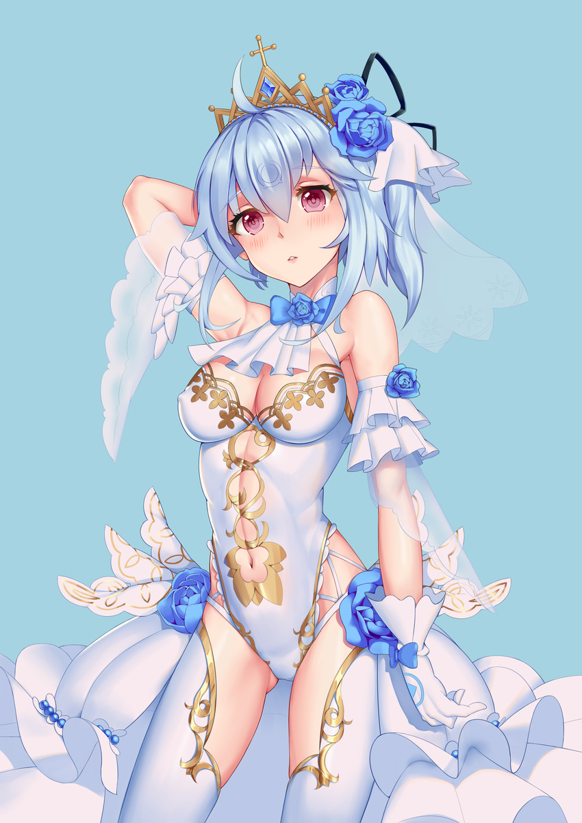 absurdres bare_shoulders bili_girl_33 bilibili_douga black_ribbon blue_bow blue_flower blue_hair blue_rose blush bow breasts cleavage eyebrows_visible_through_hair flower gloves hair_flower hair_ornament hair_ribbon highres large_breasts looking_at_viewer navel navel_cutout parted_lips pink_eyes ribbon rose short_hair short_ponytail side_ponytail solo white_gloves xian_yu_zhanshi