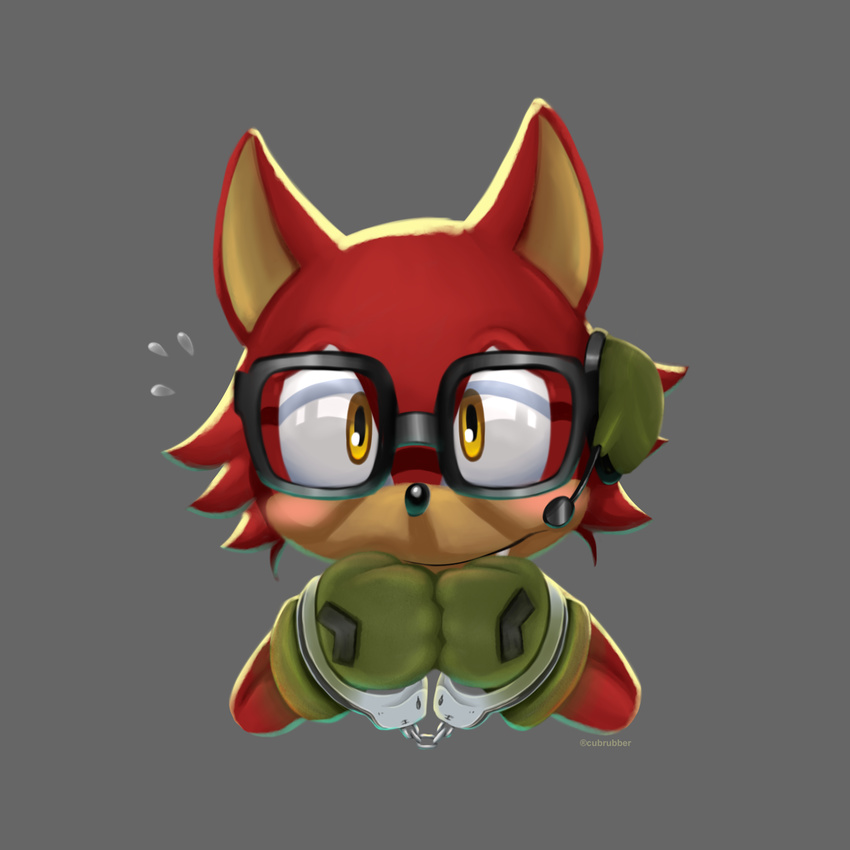 anthro clothing cubrubber custom_character_(sonic_forces) embarrassed eyewear glasses gloves handcuffs male shackles sonic_(series) sonic_forces toony video_games