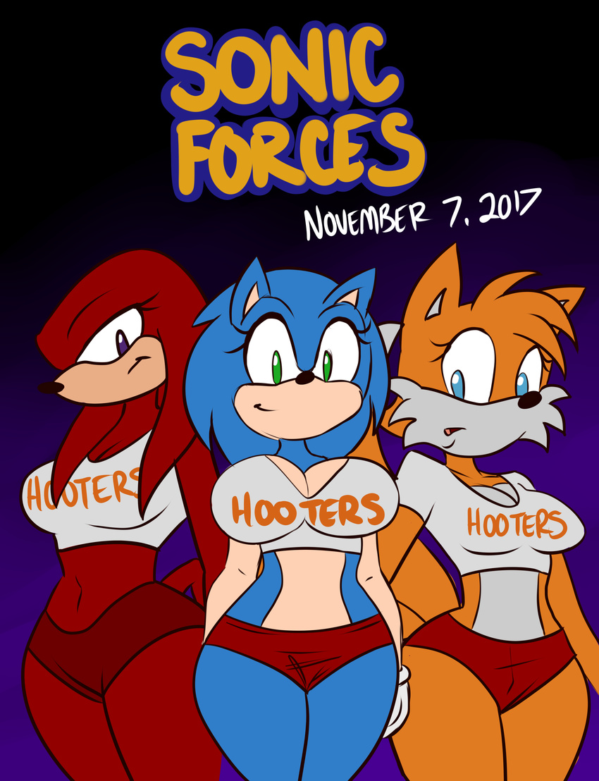 big_breasts breast_size_difference breasts canine cleavage clothed clothing crossgender echidna female fox hedgehog hooters huge_breasts knuckles_the_echidna mammal midriff miles_prower mobian_(species) monotreme navel pranky sonic_(series) sonic_the_hedgehog