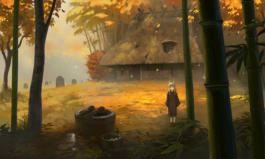 autumn_leaves bamboo bamboo_forest bangs blunt_bangs cloud cloudy_sky commentary_request day doora_(dora0913) field forest geta grey_hair grey_sky highres holding_branch house japanese_clothes kimono leaf long_hair long_sleeves looking_at_viewer maple_leaf nature no_socks oni oni_horns original outdoors sandals scenery sky solo standing tree well