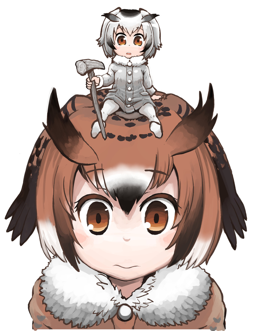 black_hair brown_eyes brown_hair eurasian_eagle_owl_(kemono_friends) fur_collar hare_(tetterutei) highres kemono_friends looking_at_viewer multicolored_hair multiple_girls northern_white-faced_owl_(kemono_friends) on_head open_mouth person_on_head silver_hair simple_background sitting size_difference staff white_background