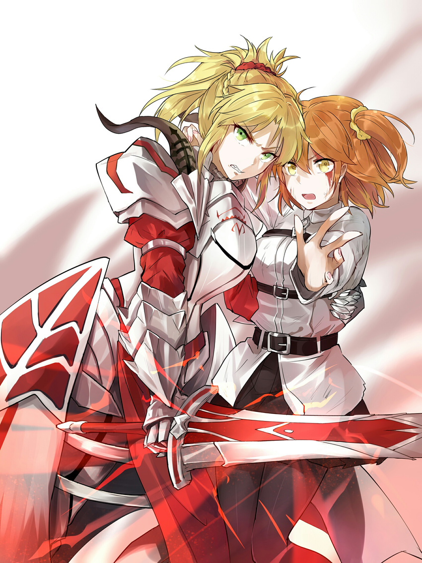 absurdres ahoge aili_(aliceandoz) armor blonde_hair blood chaldea_uniform clarent commentary fate/apocrypha fate/grand_order fate_(series) fujimaru_ritsuka_(female) green_eyes hair_ornament hair_scrunchie hands_on_another's_waist high_ponytail highres injury looking_at_viewer mordred_(fate) mordred_(fate)_(all) multiple_girls one_side_up orange_hair outstretched_hand ponytail red_scrunchie scrunchie simple_background white_background yellow_eyes yellow_scrunchie