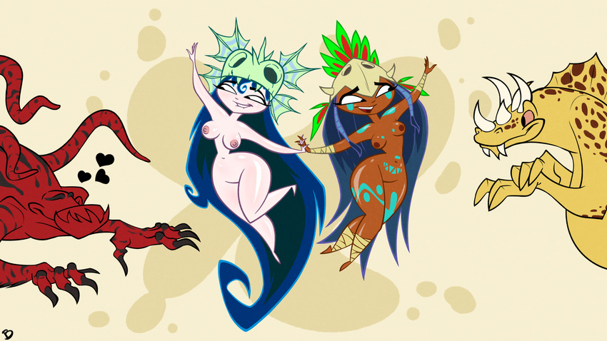 &lt;3 annetta_fish_(rayman) bandage biting_lip blue_hair braided_hair breasts claws cute dark_skin dinosaur eyeless fangs feathers female fin fire_monster group hair hand_holding holly_luya_(rayman) horn humanoid interspecies large_hips lizard long_hair love male markings monster navel nipples nude nymph open_mouth rayman_(series) red_eyes red_skin reptile rogerbacon scalie sea_monster sharp_teeth skull smile spikes spots tattoo teeth tentacles the_lost_world_(1960) unknown_species waving white_skin