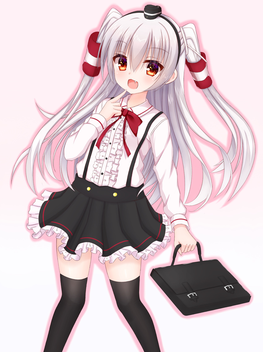 :d absurdres alternate_costume amatsukaze_(kantai_collection) bad_id bad_pixiv_id bag bangs black_legwear black_skirt blush bookbag bow bowtie brown_eyes center_frills collared_shirt commentary_request eyebrows_visible_through_hair fang finger_to_mouth frilled_shirt frilled_skirt frills gradient gradient_background hair_between_eyes hair_tubes hakuto_momiji hat highres holding holding_bag kantai_collection long_hair long_sleeves looking_at_viewer mini_hat open_mouth orange_eyes pink_background pleated_skirt red_neckwear school_bag shirt silver_hair skirt smile smokestack solo standing suspender_skirt suspenders thighhighs two_side_up very_long_hair white_background white_shirt windsock
