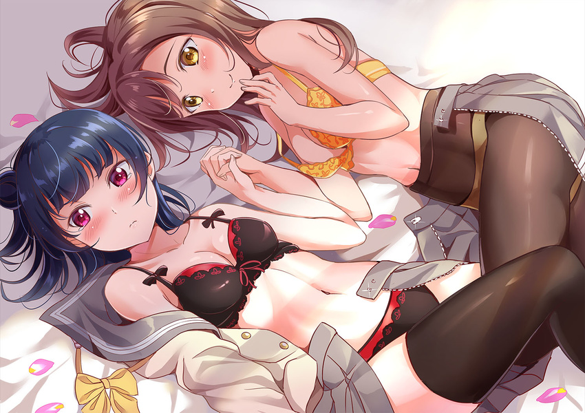 bangs bare_arms bare_shoulders black_bra black_legwear black_panties blue_hair blush bra breasts brown_hair brown_legwear cherry_blossoms closed_mouth glint grey_skirt hair_bun holding_hands knee_up kunikida_hanamaru lace lace-trimmed_bra lace-trimmed_panties love_live! love_live!_sunshine!! lying medium_breasts miniskirt multiple_girls navel on_back panties panties_under_pantyhose pantyhose pink_eyes pleated_skirt school_uniform serafuku skirt skirt_removed smile stomach thighhighs tipii tsushima_yoshiko underwear underwear_only uranohoshi_school_uniform yellow_bra yellow_eyes yellow_panties yuri