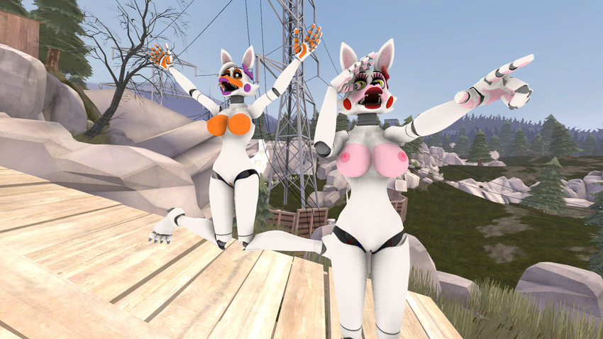 3d_(artwork) animatronics bow breasts digital_media_(artwork) feet female five_nights_at_freddy's five_nights_at_freddy's_2 five_nights_at_freddy's_world forest jumping kitsune_no_kurayami lolbit_(fnaf) mangle_(fnaf) nipples pointing public pussy source_filmmaker toes tree video_games waving wire