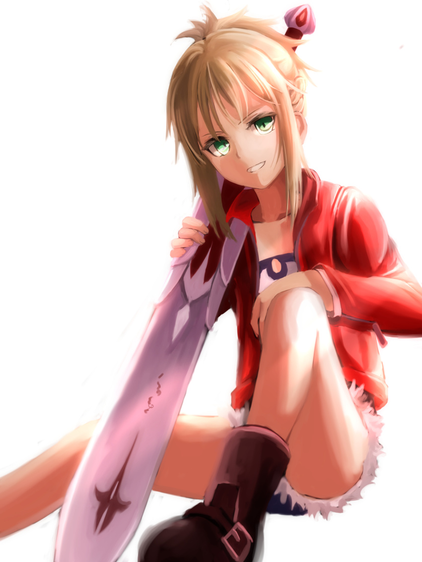 bangs blonde_hair breasts denim denim_shorts fate/apocrypha fate/grand_order fate_(series) gloves green_eyes highres jacket looking_at_viewer mordred_(fate) mordred_(fate)_(all) mukade_(siieregannsu) short_shorts shorts sidelocks sitting small_breasts smile solo strapless tubetop