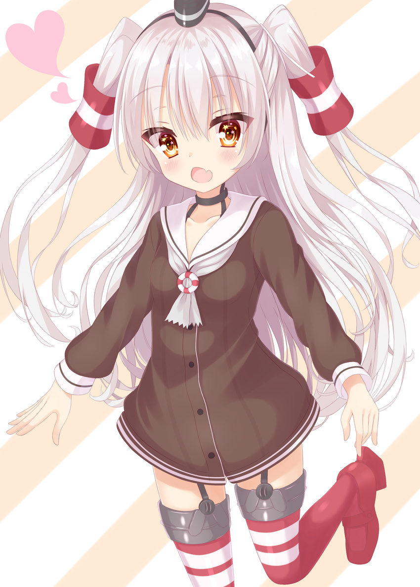 absurdres amatsukaze_(kantai_collection) bangs black_hairband black_neckwear breasts brown_dress brown_eyes choker collarbone commentary_request dress eyebrows_visible_through_hair fang garter_straps hair_between_eyes hair_tubes hairband hakuto_momiji hat head_tilt heart highres kantai_collection lifebuoy long_hair long_sleeves looking_at_viewer mini_hat open_mouth red_footwear red_legwear sailor_dress see-through shoes short_dress sidelocks silver_hair small_breasts smokestack solo standing standing_on_one_leg star star_in_eye striped striped_legwear symbol_in_eye thighhighs thighs two_side_up very_long_hair windsock