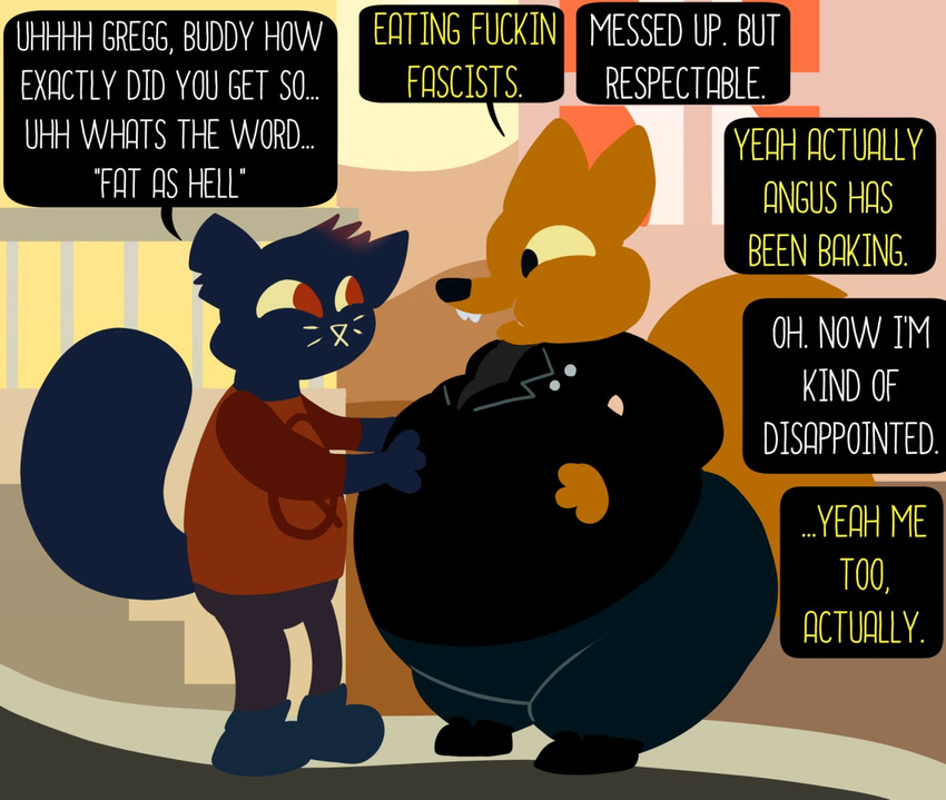 anthro belly clothing english_text gregg_(nitw) hands_on_stomach mae_(nitw) nemo night_in_the_woods obese open_mouth oral_vore overweight smile text vore