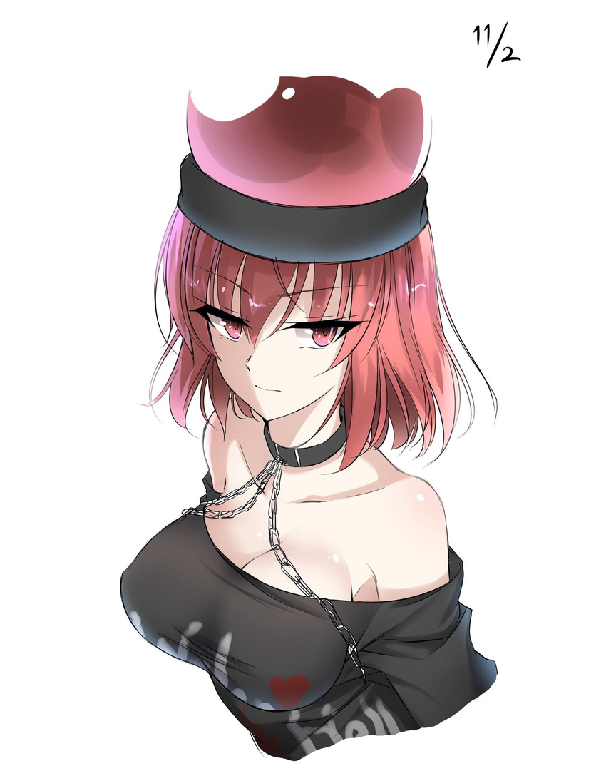 bangs bare_shoulders black_shirt breasts chain cleavage closed_mouth collar dated eyebrows_visible_through_hair hair_between_eyes heart hecatia_lapislazuli highres koro_(tyunnkoro0902) looking_at_viewer medium_breasts off-shoulder_shirt polos_crown red_eyes red_hair shirt short_hair simple_background solo taut_clothes taut_shirt touhou tsurime upper_body white_background