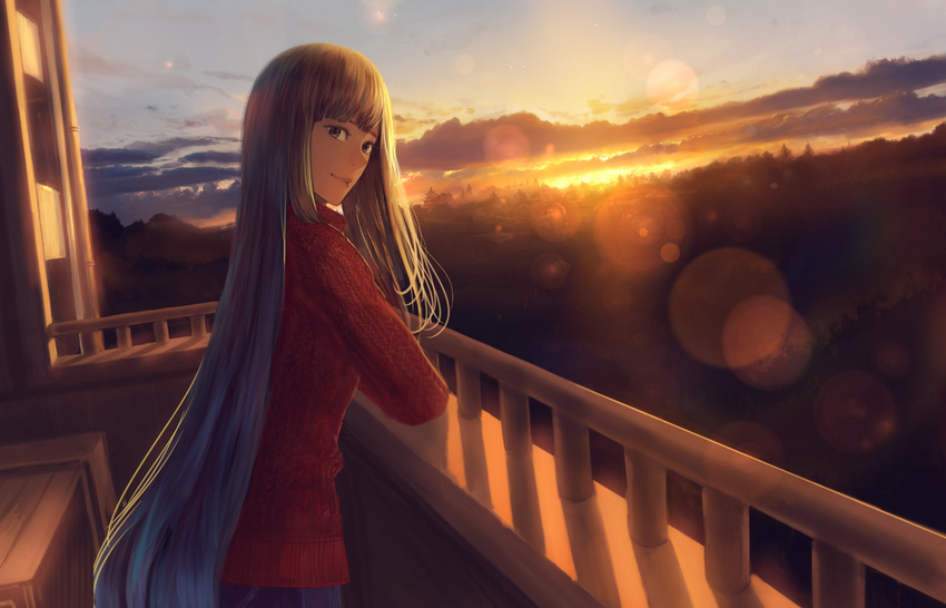 balcony brown_eyes brown_hair commentary landscape light_rays long_hair looking_at_viewer original sakimori_(hououbds) scenery smile sunset sweater very_long_hair