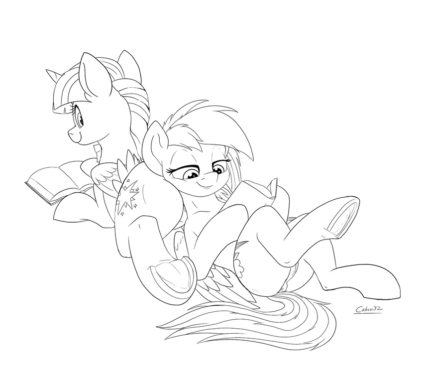 2017 anus book butt_pillow caboni32 cutie_mark duo equine feathered_wings feathers female female/female feral friendship_is_magic hi_res holding_object horn looking_back lying mammal monochrome my_little_pony on_back pegasus pussy rainbow_dash_(mlp) reading smile twilight_sparkle_(mlp) underhoof winged_unicorn wings