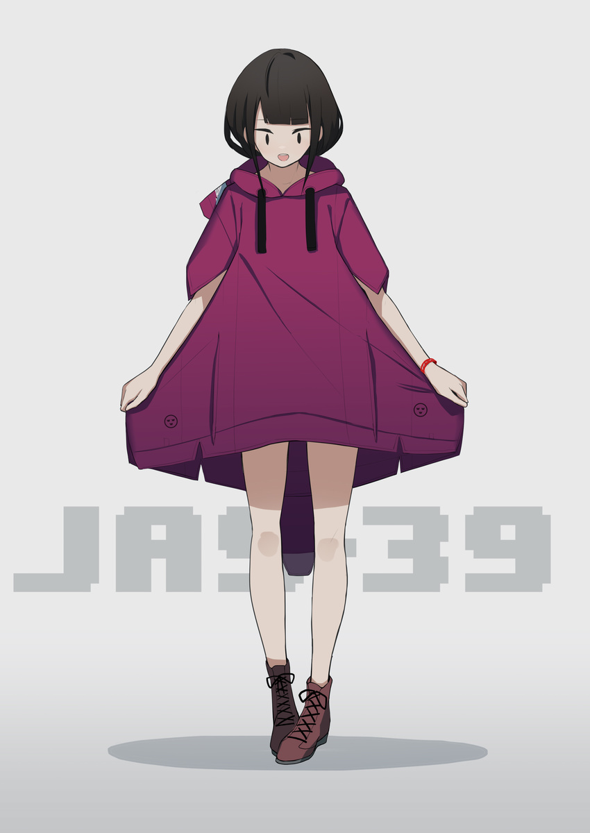 absurdres bangs black_eyes black_hair blunt_bangs boots brown_footwear design dress fami_(yellow_skies) full_body grey_background highres hood hoodie looking_down open_mouth original purple_sweater saab_gripen short_hair_with_long_locks sidelocks smile solo sweater sweater_dress