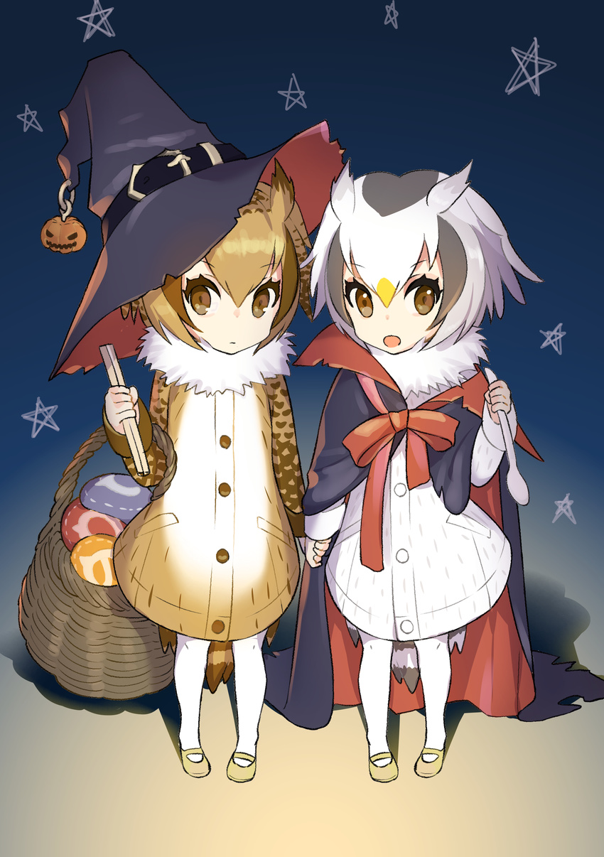 absurdres basket blue_background brown_coat brown_eyes brown_hair buttons cape chopsticks coat eurasian_eagle_owl_(kemono_friends) food from_above fur_collar grey_hair hair_between_eyes halloween halloween_costume hat head_wings highres holding holding_chopsticks holding_hands holding_spoon jack-o'-lantern japari_bun kemono_friends long_sleeves multicolored_hair multiple_girls northern_white-faced_owl_(kemono_friends) omucchan_(omutyuan) open_mouth oversized_clothes pumpkin red_ribbon ribbon short_hair spoon white_coat white_hair witch_hat