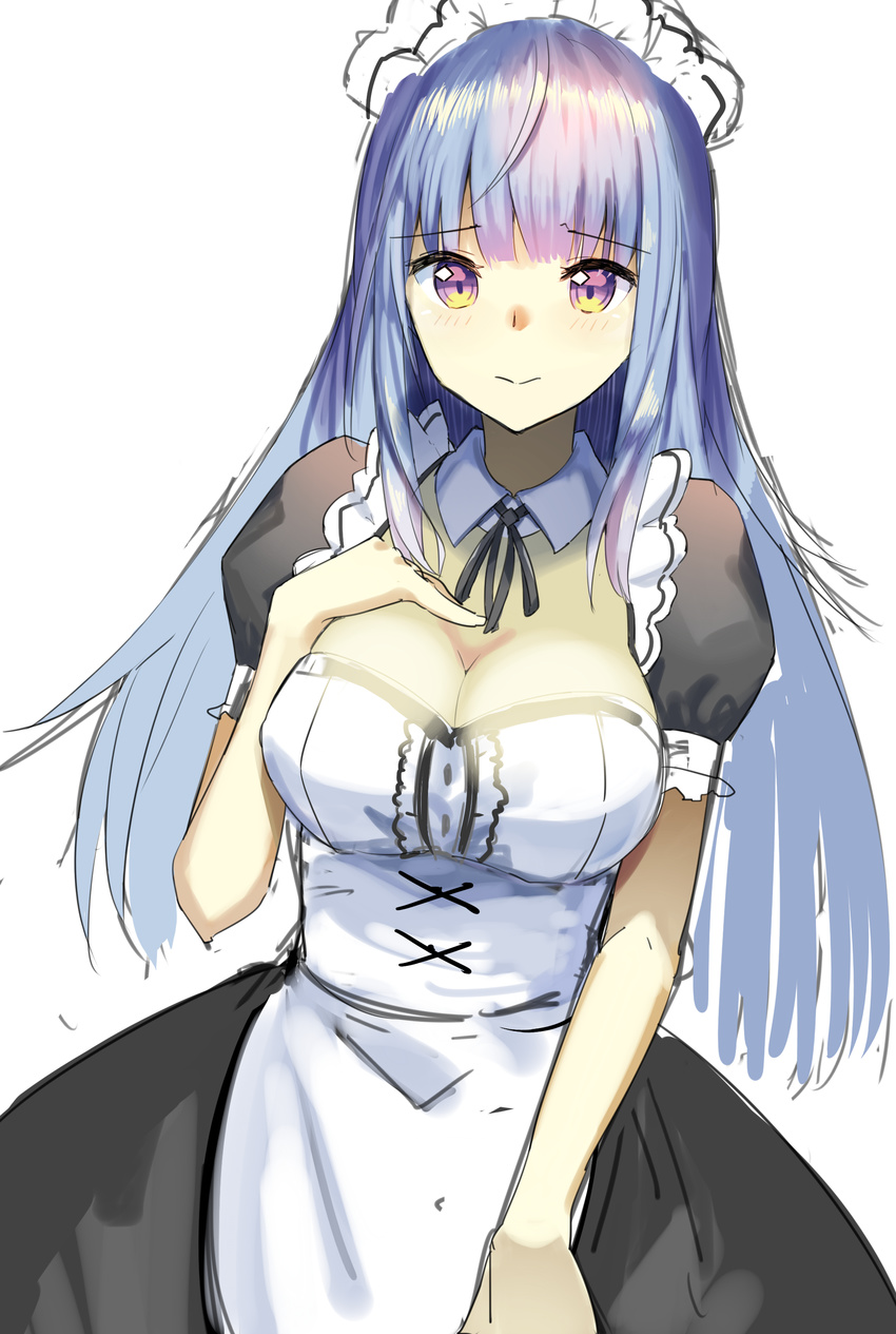 absurdres apron aquna bangs black_neckwear black_ribbon blue_hair blunt_bangs breasts cleavage closed_mouth detached_collar eyebrows_visible_through_hair hand_on_own_chest highres large_breasts long_hair looking_at_viewer maid maid_apron maid_headdress multicolored multicolored_eyes neck_ribbon original puffy_short_sleeves puffy_sleeves purple_eyes ribbon short_sleeves smile solo standing upper_body wing_collar yellow_eyes