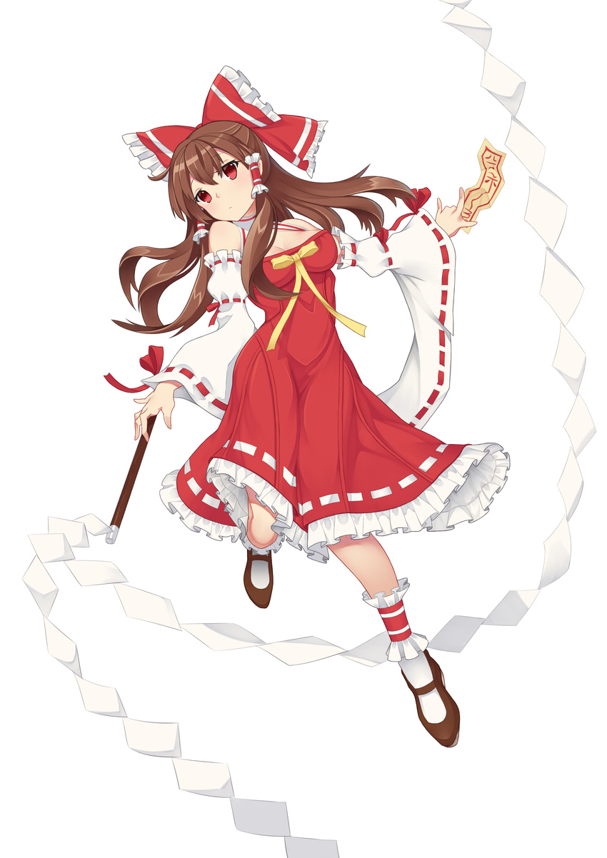 absurdres blush bow breasts brown_hair cleavage closed_mouth detached_sleeves eyebrows_visible_through_hair full_body hair_bow hair_tubes hakurei_reimu highres large_breasts long_hair looking_at_viewer mary_janes red_bow red_eyes shoes socks solo touhou white_legwear xian_yu_zhanshi