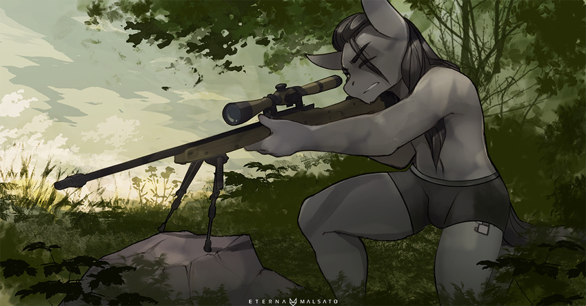 2017 anthro biped boxers_(clothing) clothed clothing cutie_mark detailed_background digital_media_(artwork) equine eyebrows fur grey_bottomwear grey_clothing grey_eyebrows grey_fur grey_hair grey_tail grey_underwear gun hair holding_object holding_weapon horse long_hair male mammal my_little_pony on_one_knee one_eye_closed outside pony ranged_weapon rifle rock signature sniper_rifle solo topless tree underwear weapon zero-sum