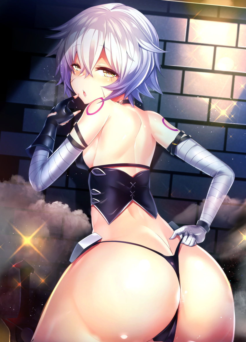 absurdres arm_behind_back arm_tattoo ass bandaged_arm bandages bangs bare_shoulders black_gloves black_panties blush breasts breath butt_crack cowboy_shot dagger elbow_gloves enty_reward eyebrows_visible_through_hair eyelashes fate/apocrypha fate_(series) finger_to_mouth fingerless_gloves from_behind gloves hair_between_eyes half-closed_eyes hand_up highres huge_filesize jack_the_ripper jack_the_ripper_(fate/apocrypha) looking_at_viewer looking_back medium_breasts open_mouth paid_reward panties panty_pull pink_lips planted_sword planted_weapon pulled_by_self scar short_hair shoulder_blades sideboob silly_(marinkomoe) silver_hair solo sparkle steam sword tattoo thighs thong underwear upper_teeth weapon white_hair yellow_eyes
