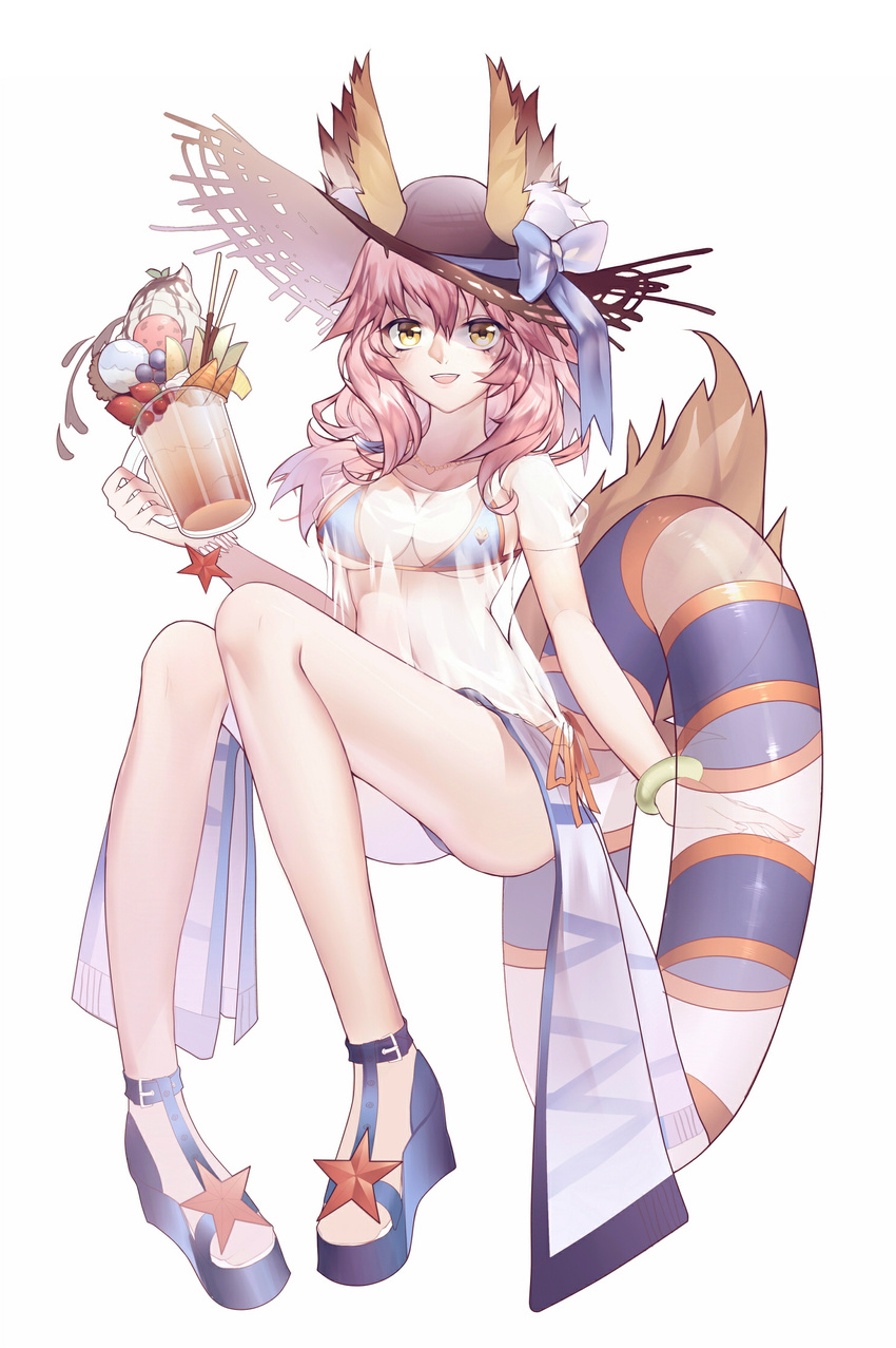 :d animal_ears bad_feet bikini bikini_under_clothes blue_bikini bracelet breasts cleavage cup drinking_glass ears_through_headwear fate/grand_order fate_(series) fox_ears fox_tail hat hat_ribbon highres innertube jewelry long_hair medium_breasts no_toes open_mouth pink_hair platform_footwear ribbon see-through shirt smile solo straw_hat sun_hat swimsuit t-shirt tail tamamo_(fate)_(all) tamamo_no_mae_(swimsuit_lancer)_(fate) wedge_heels yellow_eyes yiijiiyu