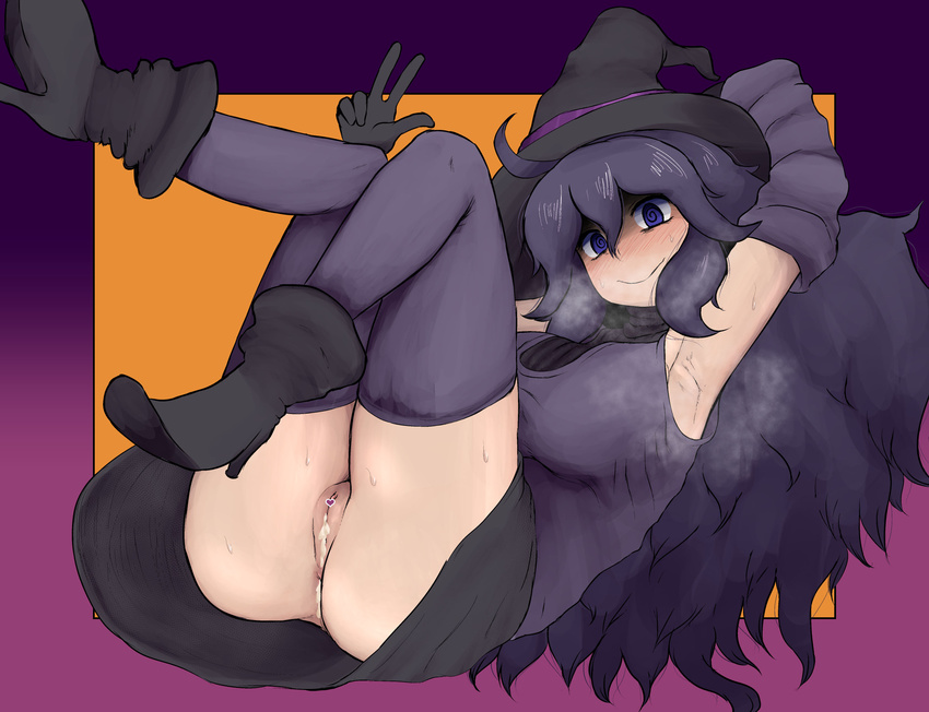 1girl @_@ adapted_costume aftersex ahoge al_bhed_eyes anus arm_behind_head arm_up arm_warmers armpits ass black_footwear black_gloves black_hat black_skirt blush boots breasts censored cum cum_in_ass cum_in_pussy gloves hand_up hat heart_censor hex_maniac_(pokemon) high_heels highres iegami jpeg_artifacts large_breasts long_hair looking_at_viewer no_panties npc_trainer orange_background pokemon pokemon_xy purple_background purple_eyes purple_hair purple_legwear pussy shirt simple_background skirt sleeveless sleeveless_shirt smile solo steam sweat thighhighs turtleneck upskirt w witch_hat