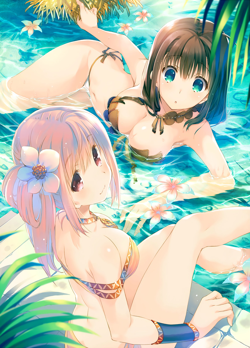 :3 bandeau bikini black_hair breasts cleavage closed_mouth conette_st._honore dungeon_travelers_2 eyebrows_visible_through_hair flower from_above green_eyes highres jewelry large_breasts long_hair looking_at_viewer looking_back lying medium_hair melvy_de_florencia mitsumi_misato multiple_girls navel necklace non-web_source on_side parted_lips partially_submerged pink_eyes pink_hair side-tie_bikini side_ponytail sitting soaking_feet swimsuit wristband