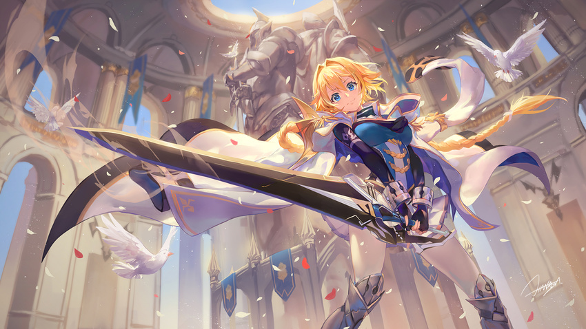 bird blonde_hair blue_eyes braid breasts cloak closed_mouth commentary_request criin greaves hair_intakes han-gyaku-sei_million_arthur highres holding holding_sword holding_weapon indoors long_hair looking_at_viewer medium_breasts million_arthur_(series) pantyhose planted_sword planted_weapon single_braid smile solo statue sunrise_stance sword very_long_hair weapon white_legwear