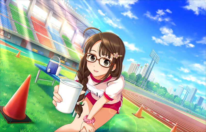 beverage black_eyes bloomers blush brown_hair idolmaster idolmaster_cinderella_girls idolmaster_cinderella_girls_starlight_stage long_hair okuyama_saori sky smile sports