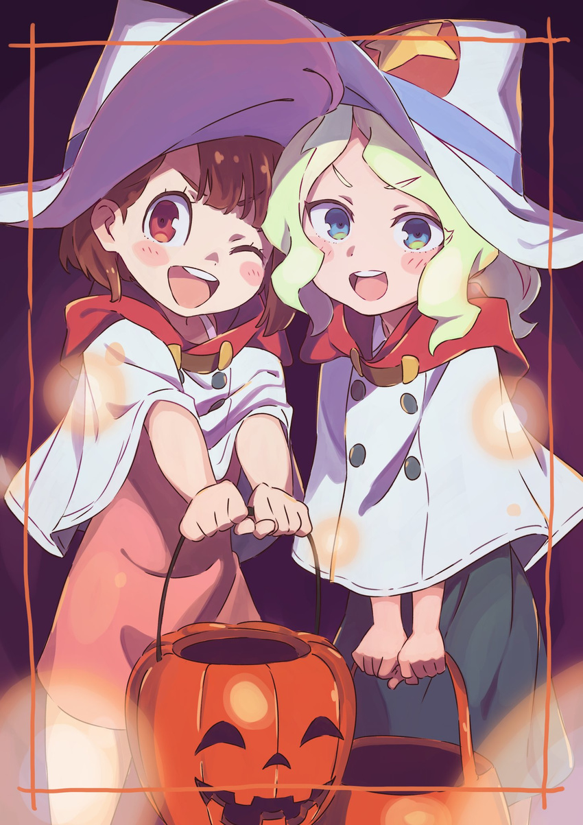 :d ;d bangs black_dress blonde_hair blue_eyes blush blush_stickers border brown_eyes brown_hair capelet check_commentary commentary_request diana_cavendish dress halloween halloween_basket halloween_costume hat highres jack-o'-lantern kagari_atsuko little_witch_academia long_hair looking_at_viewer multiple_girls one_eye_closed open_mouth outstretched_arms pink_dress round_teeth short_hair smile standing tama_(tama-s) tareme teeth v-shaped_eyebrows wavy_hair white_hat witch witch_hat younger