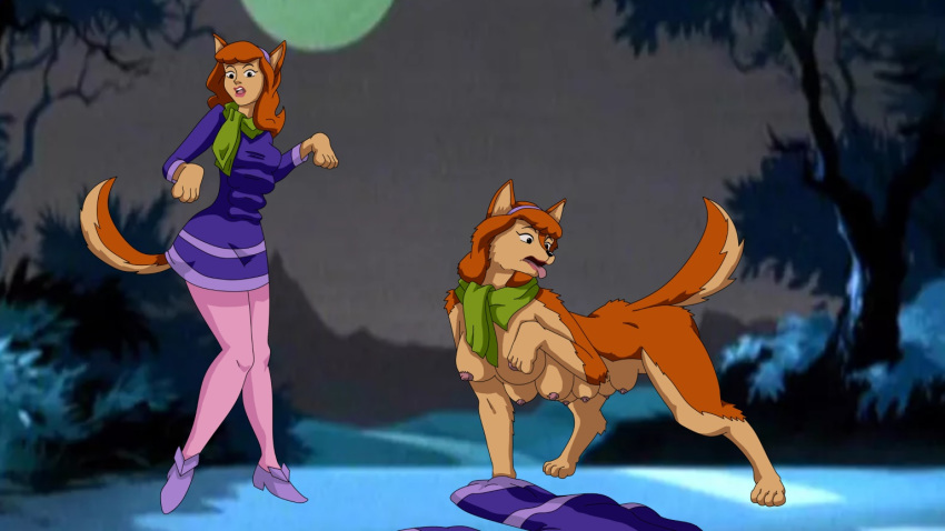 2018 8_breasts animal_humanoid before_and_after big_breasts breast_expansion breasts busty_feral canine canine_humanoid clothed clothing daphne_(scooby-doo) dog dog_humanoid female feral hair humanoid mammal mankor moon multi_breast multi_nipple nipples nude outside red_hair scarf scooby-doo_(series) solo standing surprise tongue tongue_out transformation