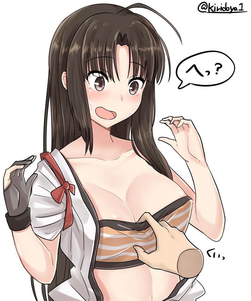 absurdres ahoge blush bra bra_pull breasts brown_hair collarbone gloves grey_gloves highres japanese_clothes kantai_collection kiritto long_hair medium_breasts open_clothes open_mouth purple_eyes short_sleeves shouhou_(kantai_collection) simple_background single_glove solo twitter_username underwear upper_body white_background
