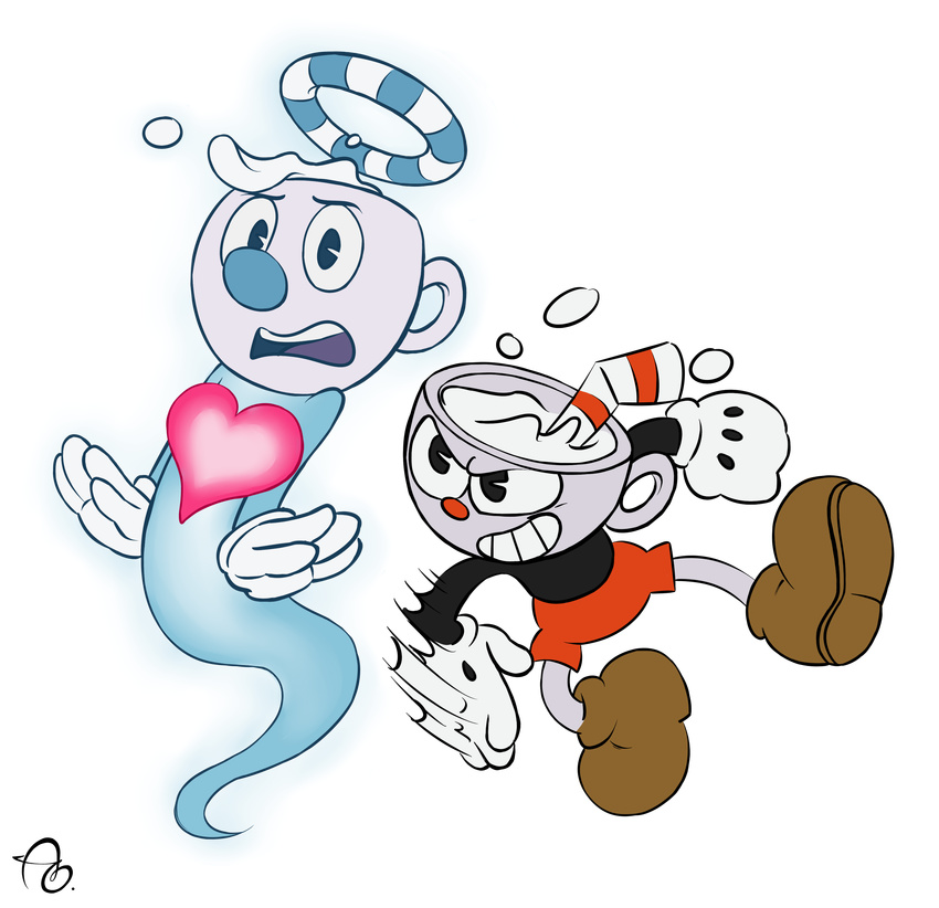 &lt;3 2017 alpha_channel animate_inanimate anthro beverage boots brother clothed clothing cup cuphead_(character) cuphead_(game) digital_media_(artwork) dovelydraw duo footwear ghost gloves halo humanoid male milk mugman not_furry object_head open_mouth shorts sibling slap smile spirit straw surprise teeth topless video_games
