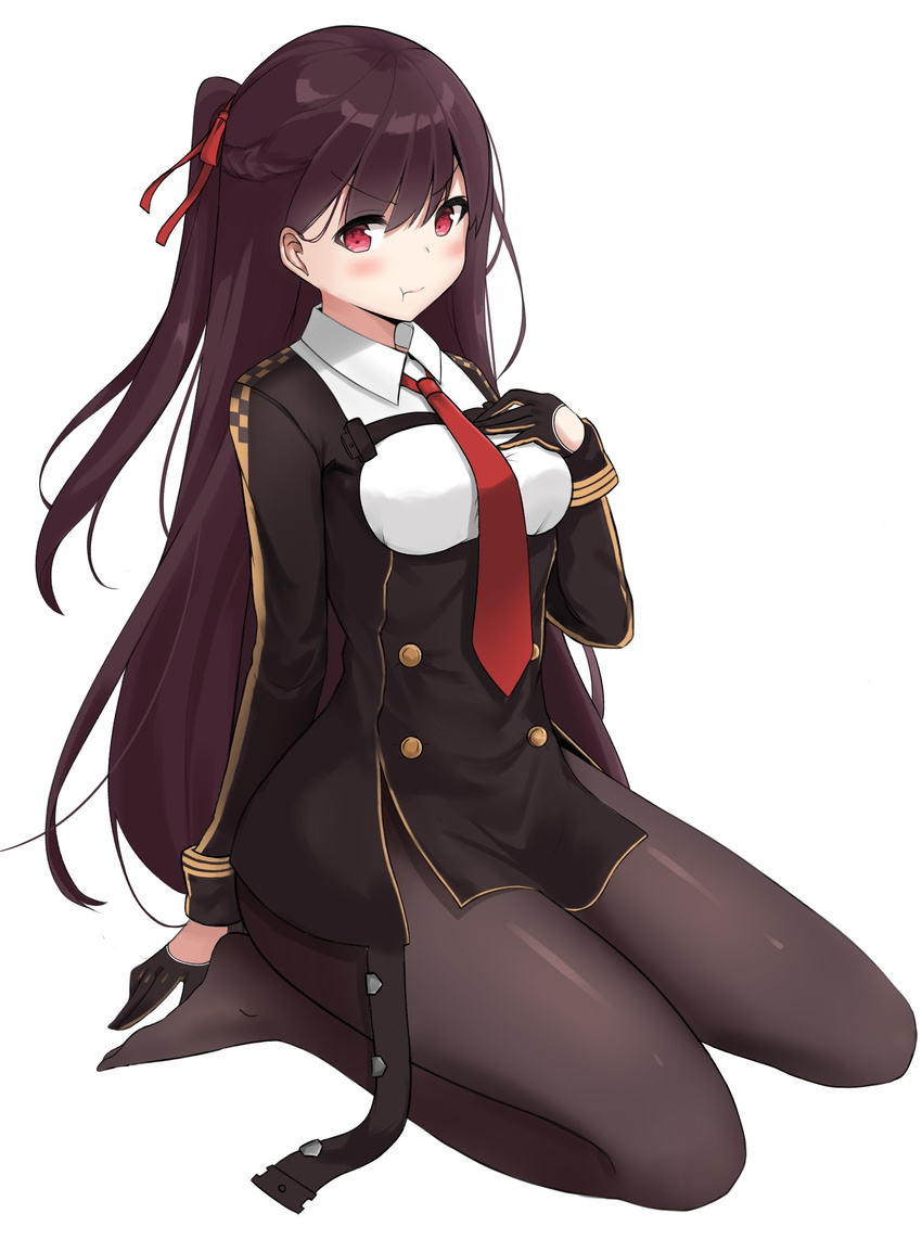 :t absurdres arm_behind_back bangs black_dress black_gloves black_legwear blush breasts double-breasted dress full_body girls_frontline gloves hair_ribbon hand_on_own_chest highres long_hair long_sleeves medium_breasts necktie no_shoes nyanyang one_side_up pantyhose pout purple_hair red_eyes red_neckwear red_ribbon ribbon seiza simple_background sitting solo tareme v-shaped_eyebrows very_long_hair wa2000_(girls_frontline) white_background wing_collar