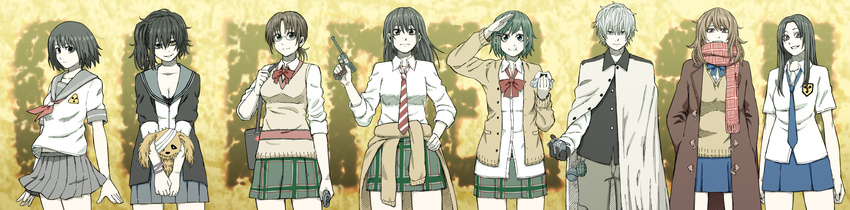 6+girls absurdres bad_id bad_pixiv_id bag black_eyes black_hair blonde_hair blue_skirt bow bowtie bracelet breasts brown_eyes brown_hair cardigan cleavage clothes_around_waist coat coppelion copyright_name cowboy_shot explosive food fukasaku_aoi glasses green_eyes green_hair green_skirt grenade grin gun hand_on_hip handgun heterochromia highres ichikawa_meisa jewelry kurosawa_haruto long_hair long_image looking_at_viewer luger_p08 miniskirt multiple_girls naruse_ibara necktie nomura_taeko onigiri ozu_kanon ozu_shion pale_skin plaid plaid_scarf plaid_skirt pleated_skirt radiation_symbol scarf school_uniform serafuku shading_eyes short_hair short_ponytail short_sleeves shoulder_bag side_ponytail silver_hair skirt sleeves_rolled_up smile striped striped_neckwear stuffed_animal stuffed_bunny stuffed_toy sweater_vest trigger_discipline tsuburaya_mana tuskryo weapon wide_image yellow_background