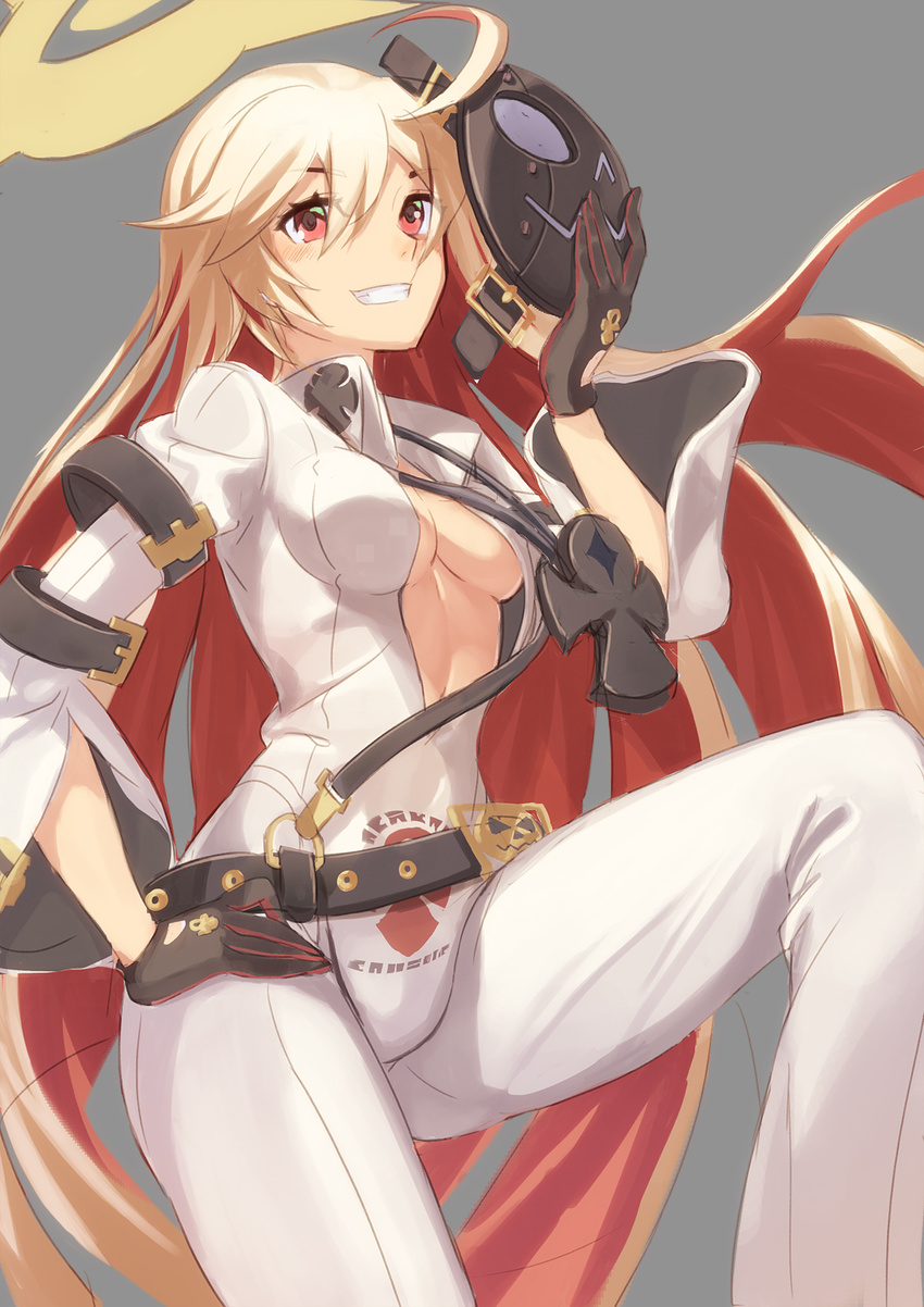 ahoge ankh belt bodysuit breasts cleavage commentary_request grin guilty_gear guilty_gear_xrd halo hand_on_hip highres jack-o'_valentine jewelry kty_(jarijarikun) leg_up long_hair looking_at_viewer mask mask_removed medium_breasts multicolored_hair no_bra pendant red_eyes red_hair smile solo two-tone_hair white_hair wide_sleeves