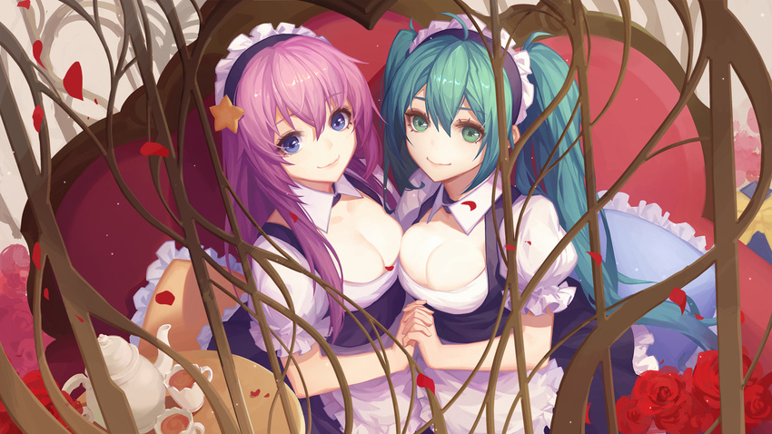 ahoge alternate_costume apron aqua_hair black_dress blue_eyes breasts cleavage closed_mouth commentary_request cup dress enmaided flower green_eyes hatsune_miku highres holding_hands interlocked_fingers long_hair looking_at_viewer maid maid_headdress medium_breasts megurine_luka multiple_girls petals puffy_short_sleeves puffy_sleeves purple_hair red_flower red_rose rose short_sleeves smile teacup teapot twintails upper_body vocaloid waist_apron youxuemingdie
