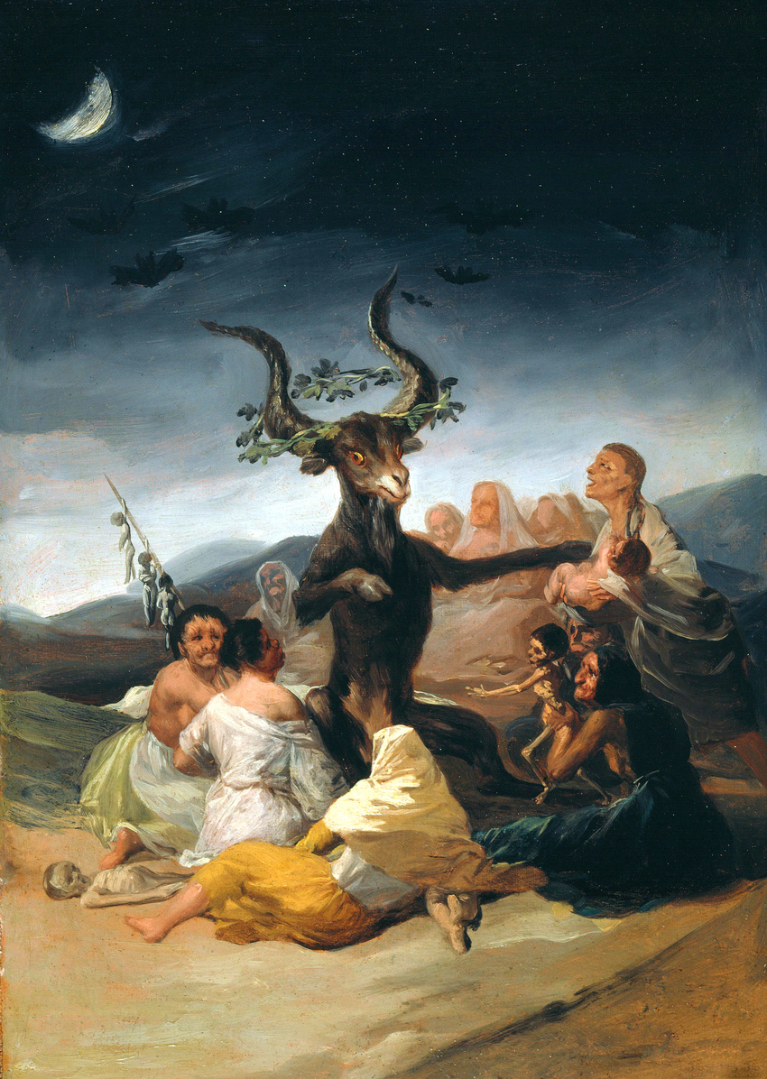 1798 18th_century absurd_res ancient_furry_art bat bone caprine child clothed clothing cloven_hooves crescent_moon dark death demon female francisco_goya fur goat group hanged hi_res hill hooves horn human landscape lying magic_user mammal moon night nude offering_to_another old open_mouth outside painting_(artwork) proper_art public_domain sacrifice satan semi-anthro sitting skeleton skirt topless traditional_media_(artwork) veil witch wreath young