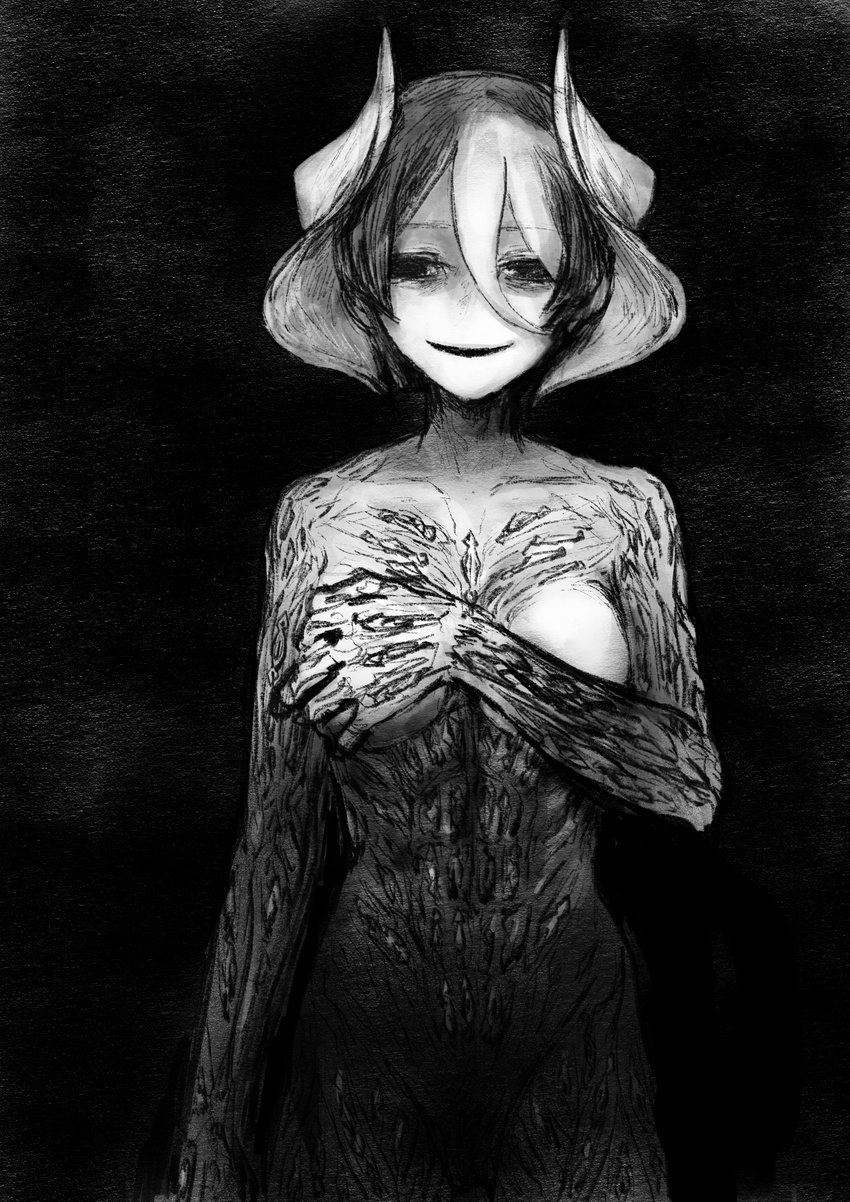 absurdres black black_background breasts covering covering_breasts cowboy_shot dark empty_eyes eyebrows_visible_through_hair greyscale hair_between_eyes highres horror_(theme) looking_at_viewer made_in_abyss medium_breasts monochrome multicolored_hair nrp_(pesu) nude ozen parted_lips scar short_hair smile solo standing two-tone_hair white_hair
