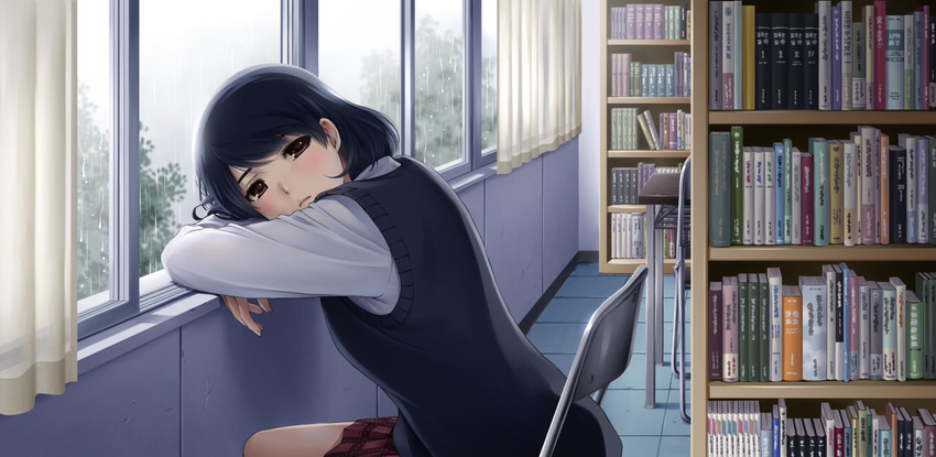 blush book bookshelf bush chair curtains domestic_na_kanojo folding_chair from_side head_on_arm library light_frown looking_at_viewer official_art plaid plaid_skirt rain sasuga_kei school_uniform short_hair sitting skirt solo sweater_vest tachibana_rui tile_floor tiles window windowsill