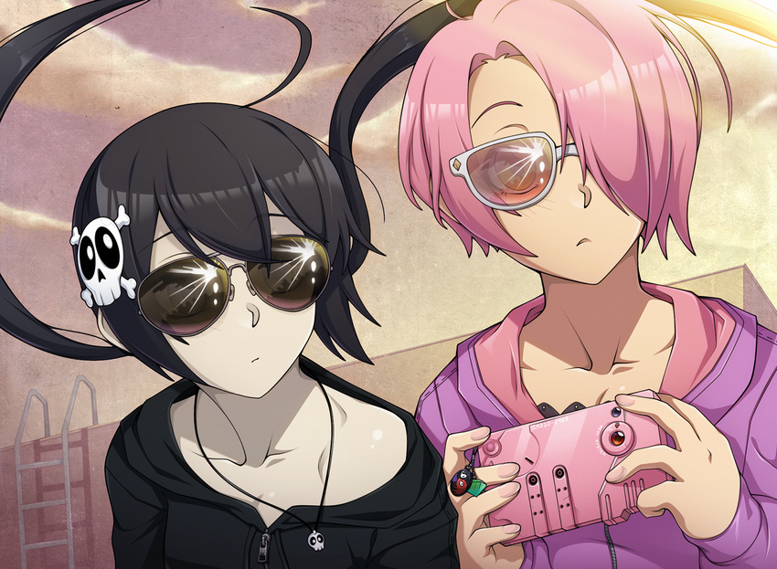amika_heartome aviator_sunglasses black_hair breasts casual cellphone commentary dead_dead_demons_de_dedede_destruction expressionless fearless_night flat_chest hair_ornament hair_over_one_eye hood hood_down hoodie jewelry long_hair low_twintails multiple_girls pale_skin parody pendant phone pink_hair poco_muerte short_hair skull_hair_ornament small_breasts smartphone spike_wible sunglasses twintails very_long_hair